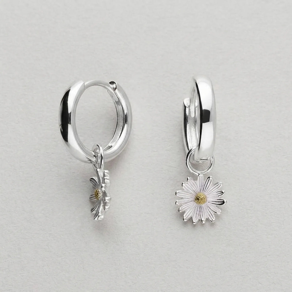 Two-tone Daisy Charm Huggie Hoop Earrings — Complete Pair