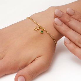 Bracelet personnalisé avec initiale et pierre de naissance en or 18 carats et argent sterling