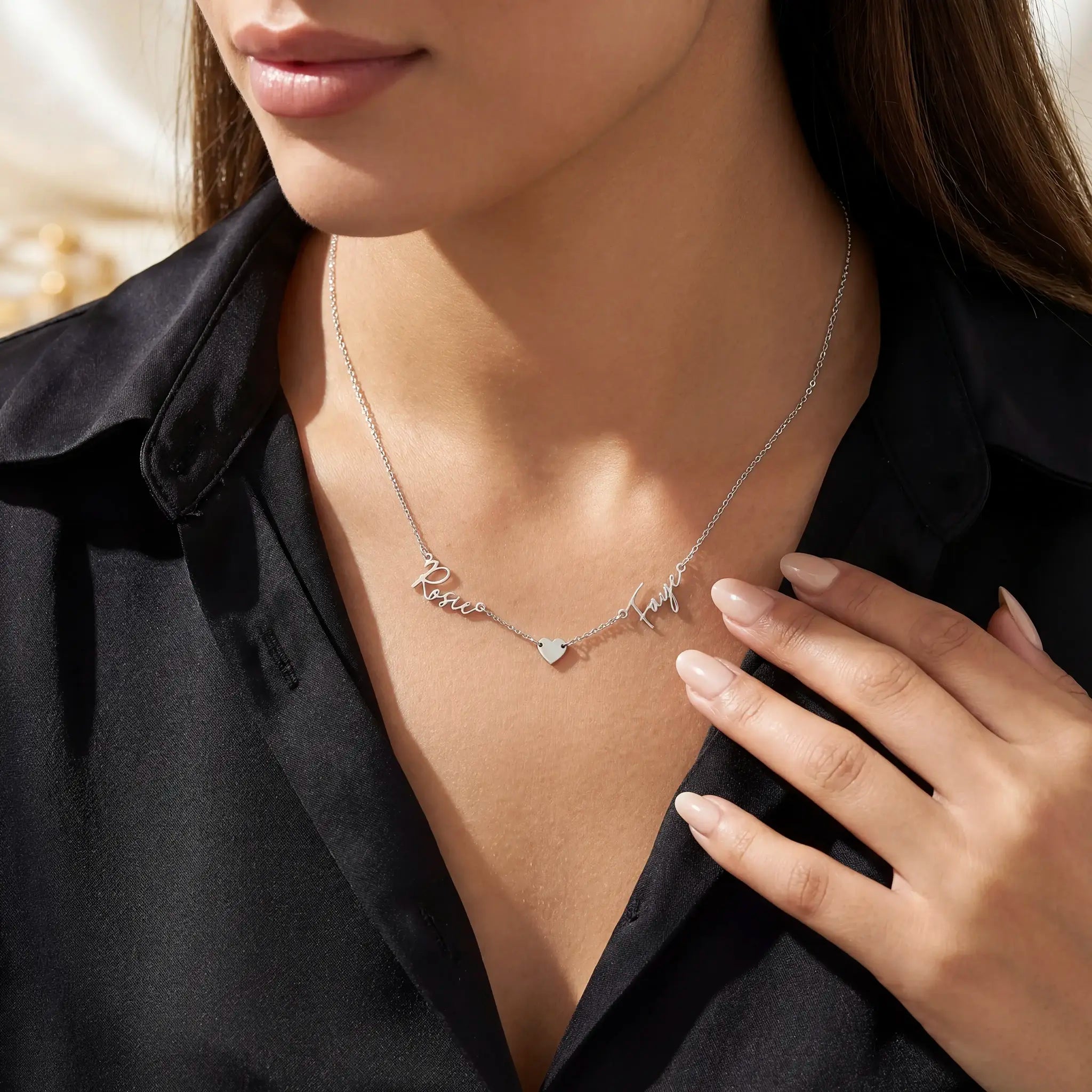 Double Name Necklace with Heart | Personalised Two Name Necklace | HBD