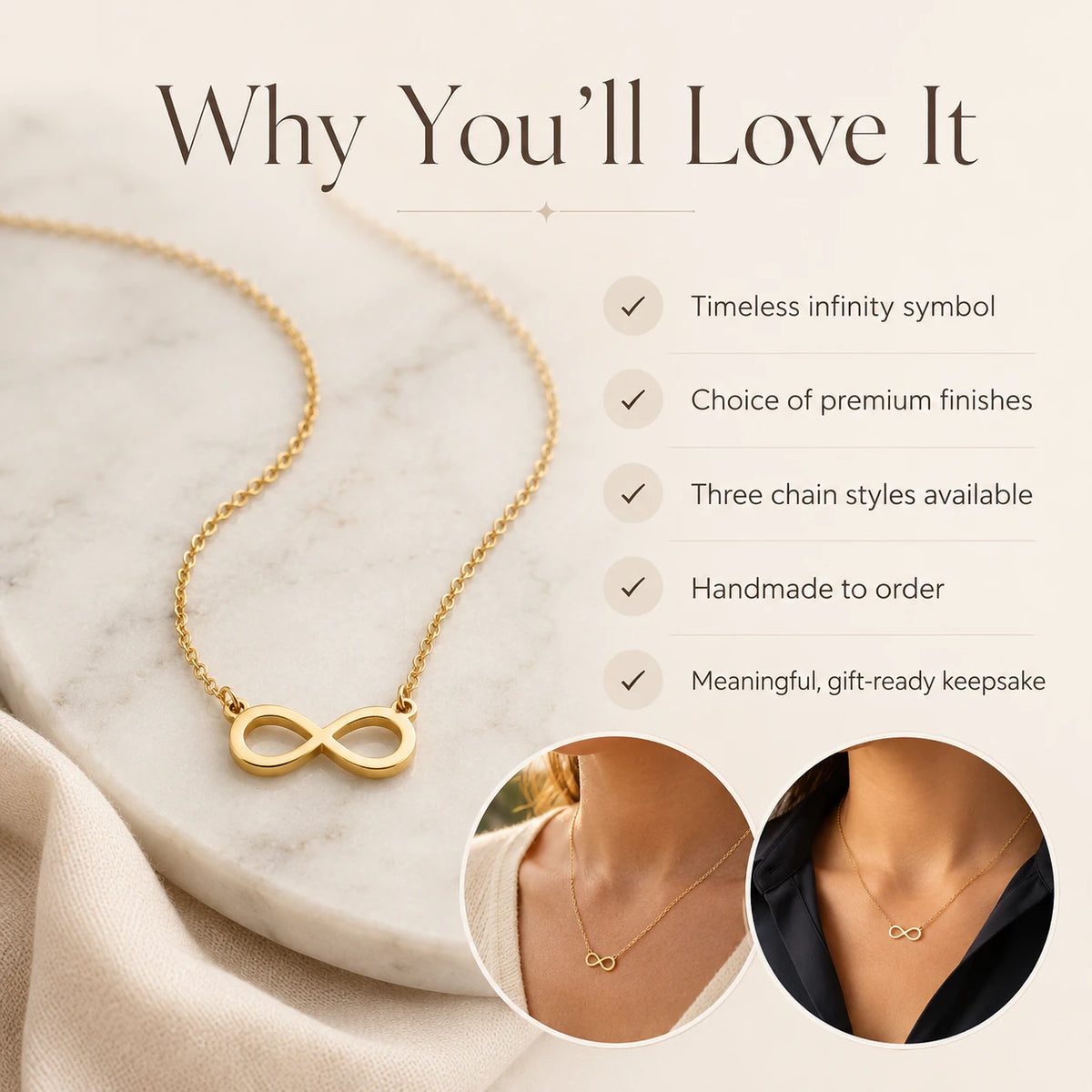 Collier infini pour femme en or, argent et vermeil