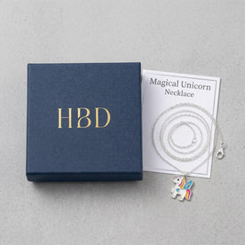 Kids Unicorn Sterling Silver Necklace — Packaging Flat Lay