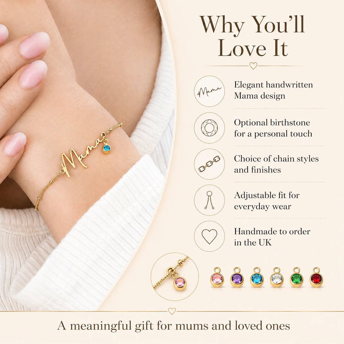 Bracelet Maman avec Pierre de Naissance | Cadeau Personnalisé pour Maman