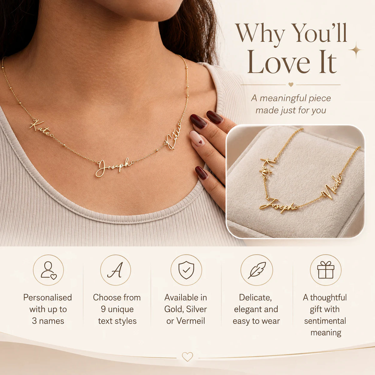 Gepersonaliseerde ketting met drie namen | Goud, zilver en verguld