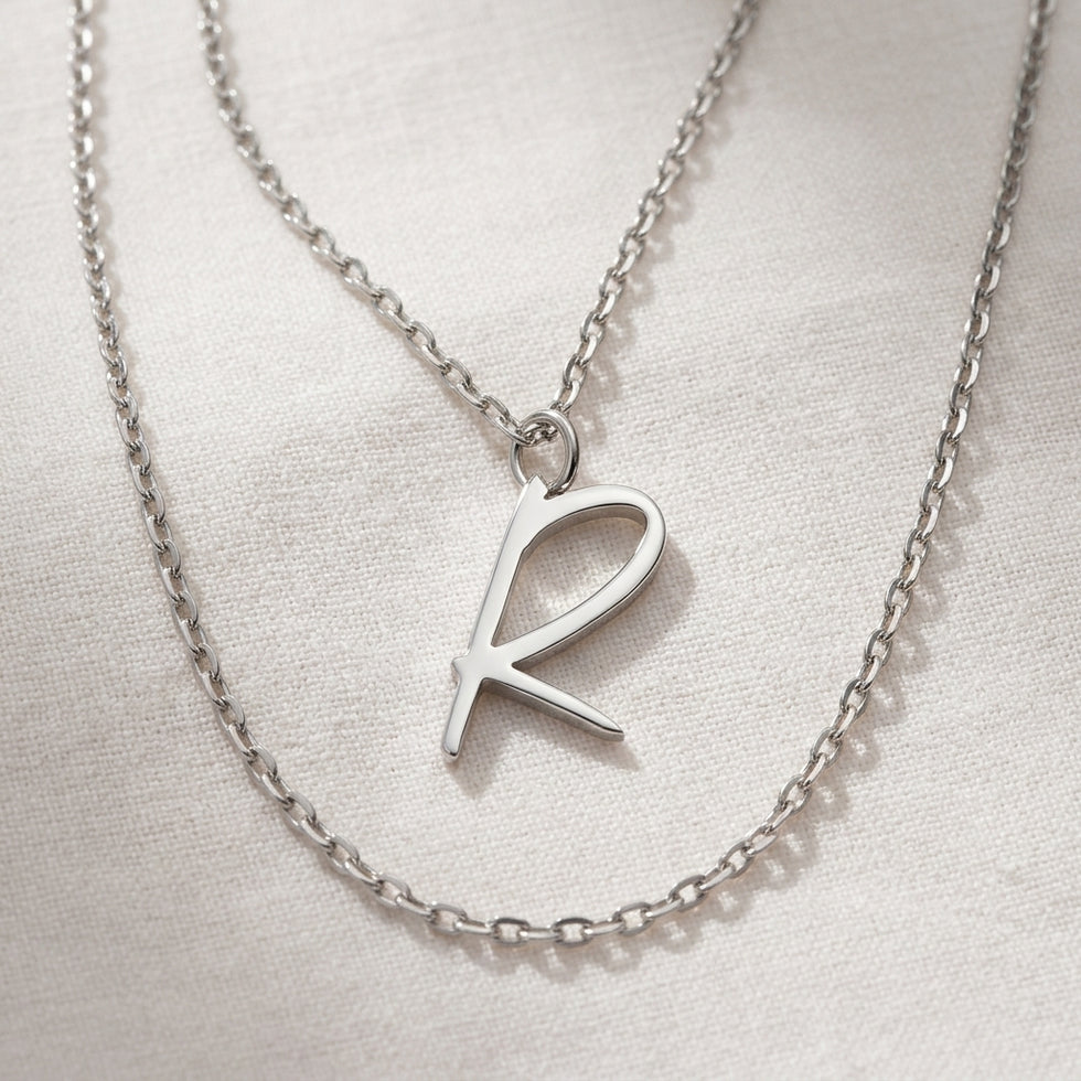 Collar R | Colgante con inicial y letra R, oro y plata