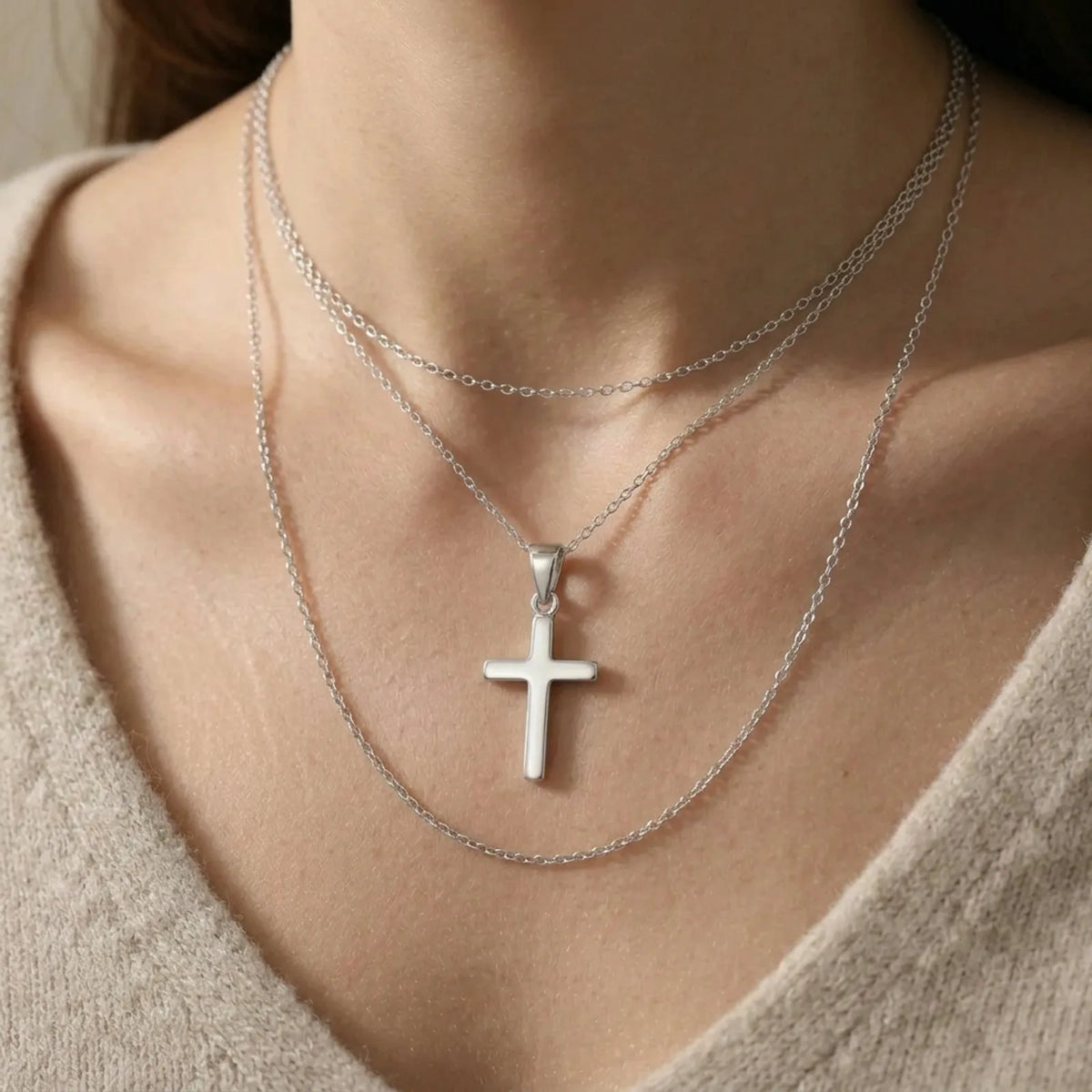 Cross on Bale Pendant — Layered with Other Necklaces