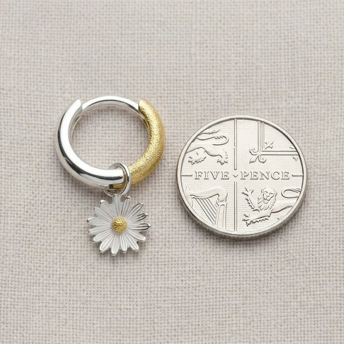 Two-tone Daisy Charm Huggie Hoop Earrings — Size Reference