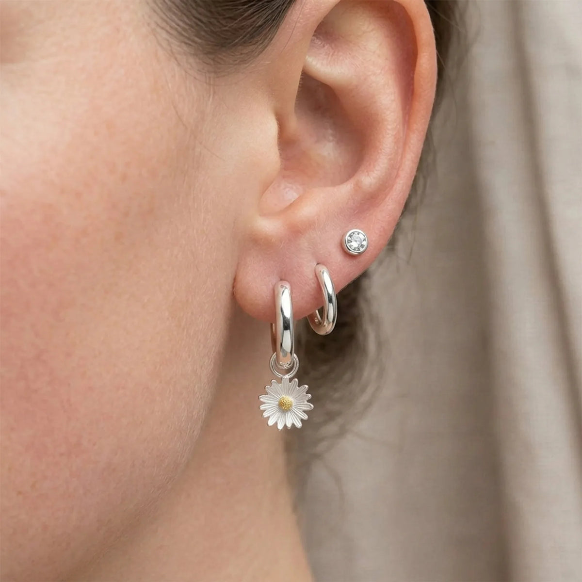 Two-tone Daisy Charm Huggie Hoop Earrings — Layered Ear Stack