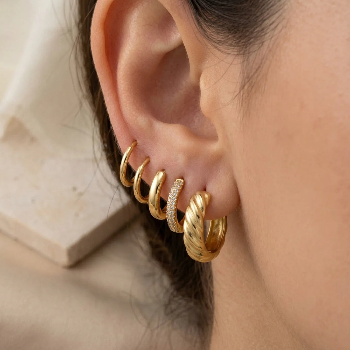 Wide Ribbed Huggie Hoop Earrings — Multiple Hoops in Ear