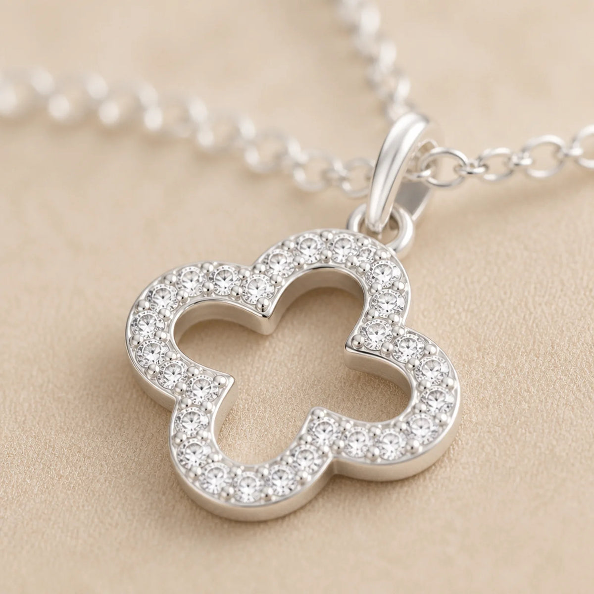 Zirconia Open Clover Necklace — Clover Pendant Close-Up